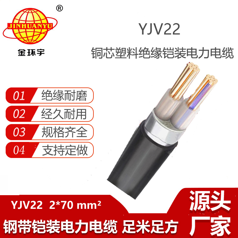 金环宇电缆 铜芯电缆YJV22 2X70平方 2芯钢带铠装电力电缆